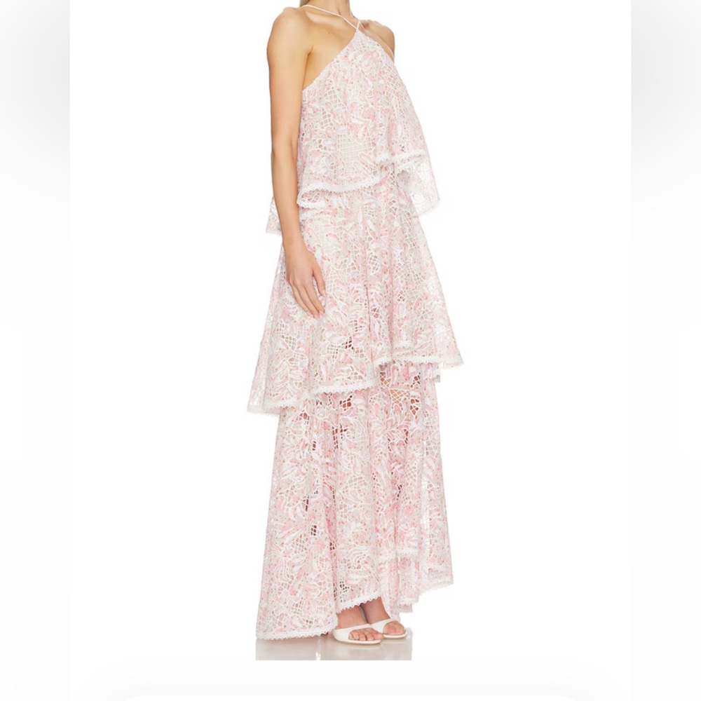 Elliatt Valencia Pink and White Tiered Lace Maxi Dress